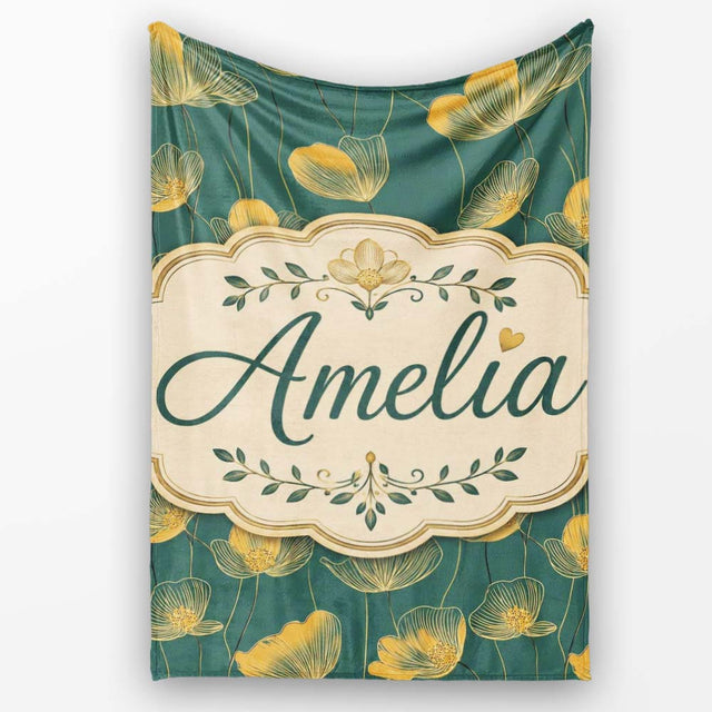 Art Deco Inspired Gold Floral Outline on Deep Teal Background Lovely  Personalised Custom Name Super Soft Fleece Blanket Bed Sofa Throw