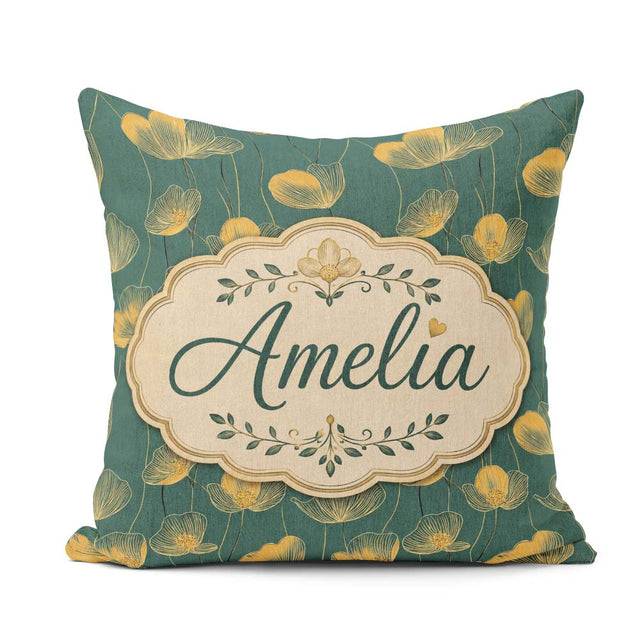 Custom Name Art Deco Gold Floral Outline on Deep Teal Background Square Filled Cushion Throw Pillow Sofa Bed Home Decor Zip Washable UK Made