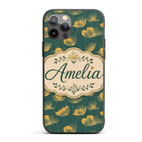 Art Deco Inspired Gold Floral Outline on Deep Custom Name Protective Phone Case Mobile Cover Durable Everyday Smartphone Shock Resistant