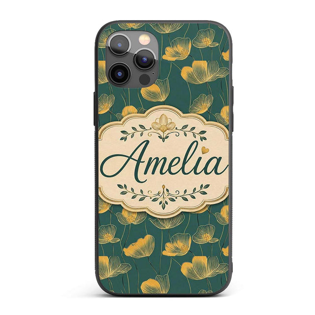 Art Deco Inspired Gold Floral Outline on Deep Custom Name Protective Phone Case Mobile Cover Durable Everyday Smartphone Shock Resistant