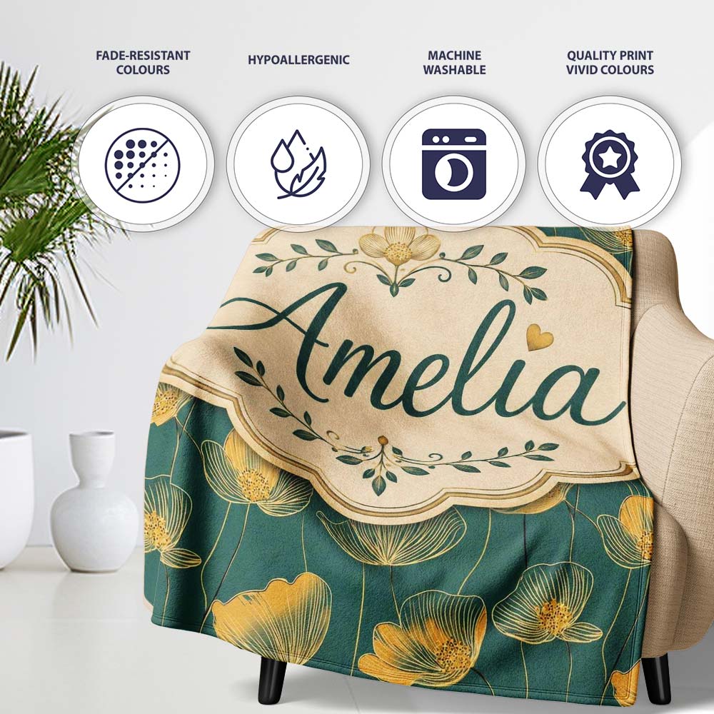 Art Deco Inspired Gold Floral Outline on Deep Teal Background Lovely  Personalised Custom Name Super Soft Fleece Blanket Bed Sofa Throw