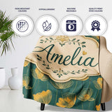Art Deco Inspired Gold Floral Outline on Deep Teal Background Lovely  Personalised Custom Name Super Soft Fleece Blanket Bed Sofa Throw