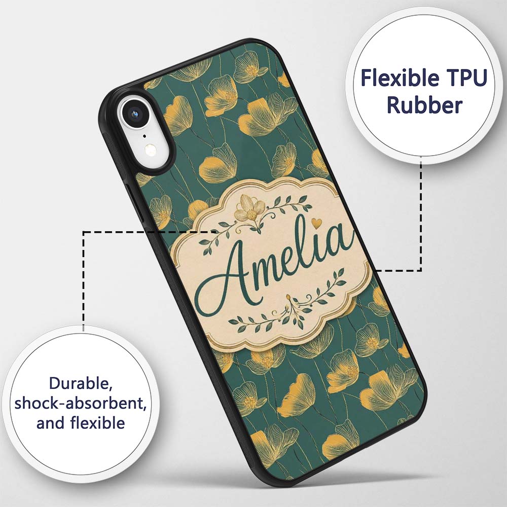 Art Deco Inspired Gold Floral Outline on Deep Custom Name Protective Phone Case Mobile Cover Durable Everyday Smartphone Shock Resistant
