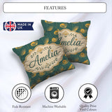 Custom Name Art Deco Gold Floral Outline on Deep Teal Background Square Filled Cushion Throw Pillow Sofa Bed Home Decor Zip Washable UK Made