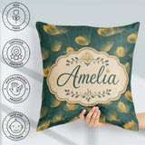 Custom Name Art Deco Gold Floral Outline on Deep Teal Background Square Filled Cushion Throw Pillow Sofa Bed Home Decor Zip Washable UK Made