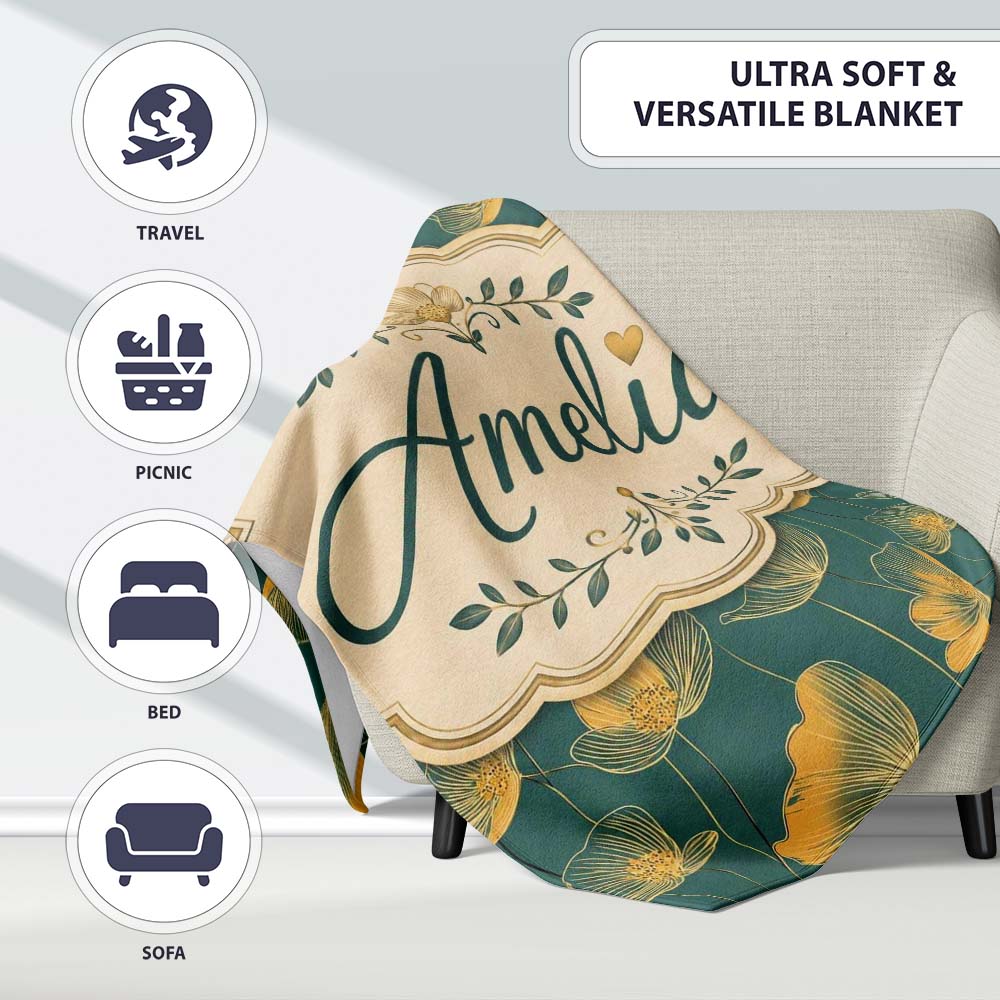 Art Deco Inspired Gold Floral Outline on Deep Teal Background Lovely  Personalised Custom Name Super Soft Fleece Blanket Bed Sofa Throw