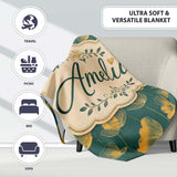 Art Deco Inspired Gold Floral Outline on Deep Teal Background Lovely  Personalised Custom Name Super Soft Fleece Blanket Bed Sofa Throw