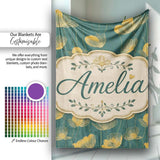 Art Deco Inspired Gold Floral Outline on Deep Teal Background Lovely  Personalised Custom Name Super Soft Fleece Blanket Bed Sofa Throw