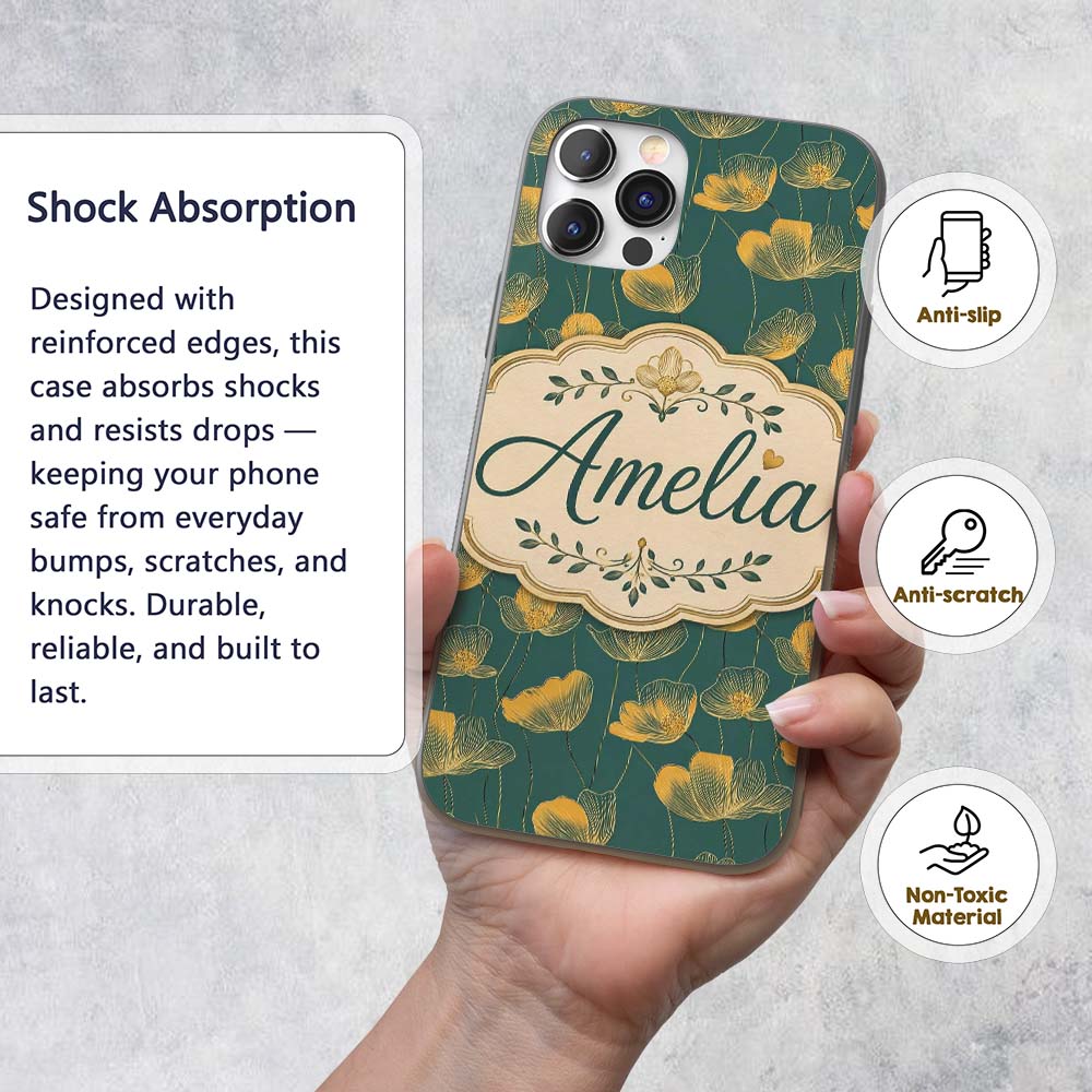 Art Deco Inspired Gold Floral Outline on Deep Custom Name Protective Phone Case Mobile Cover Durable Everyday Smartphone Shock Resistant