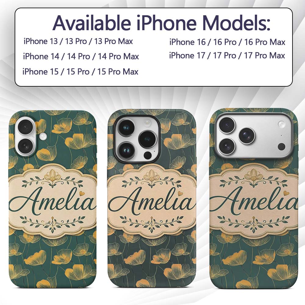 Art Deco Inspired Gold Floral Outline on Deep Custom Name Protective Phone Case Mobile Cover Durable Everyday Smartphone Shock Resistant