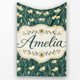Elegant Dark Teal Floral Wildflower Pattern with Soft Yellow Lovely  Personalised Custom Name Super Soft Fleece Blanket Bed Sofa Throw