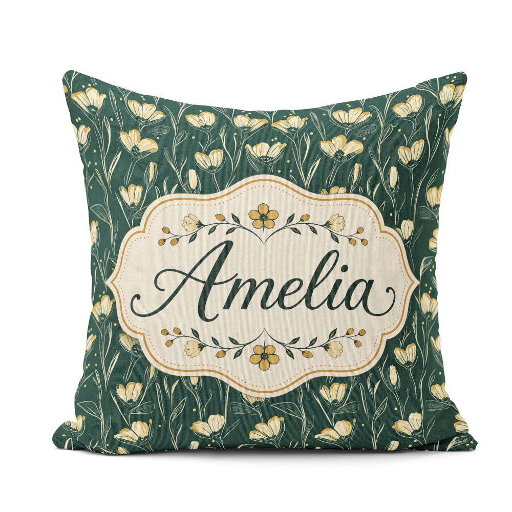 Custom Name Elegant Dark Teal Floral Wildflower with Soft Yellow Square Filled Cushion Throw Pillow Sofa Bed Home Decor Zip Washable UK Made