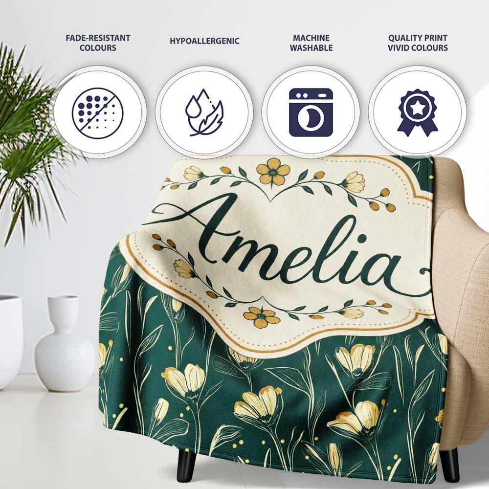 Elegant Dark Teal Floral Wildflower Pattern with Soft Yellow Lovely  Personalised Custom Name Super Soft Fleece Blanket Bed Sofa Throw