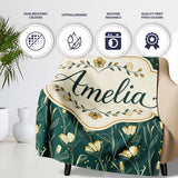 Elegant Dark Teal Floral Wildflower Pattern with Soft Yellow Lovely  Personalised Custom Name Super Soft Fleece Blanket Bed Sofa Throw
