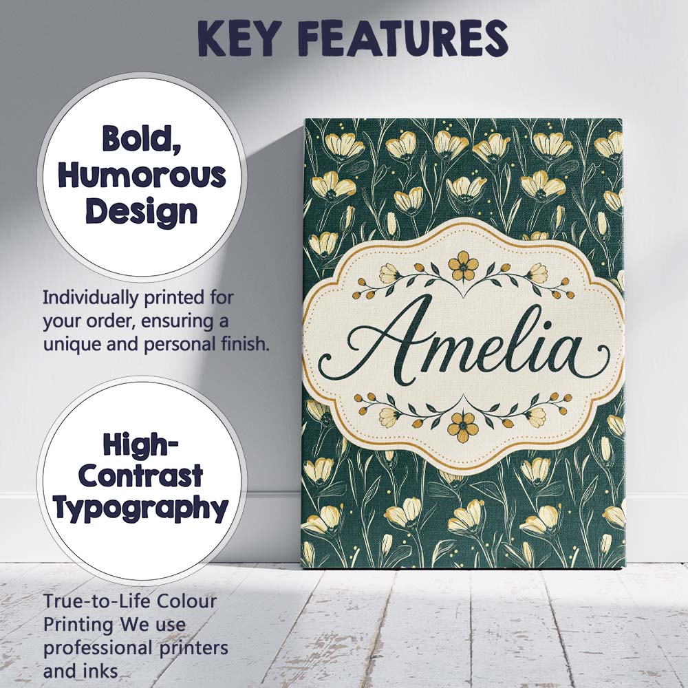 Personalised Name Elegant Dark Teal Floral Custom  Bespoke Contemporary Statement Canvas Wall Art Print Decor Picture Ready to Hang