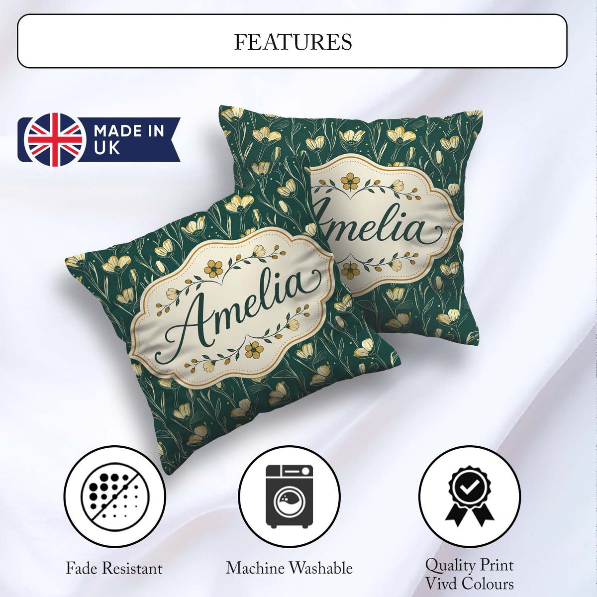 Custom Name Elegant Dark Teal Floral Wildflower with Soft Yellow Square Filled Cushion Throw Pillow Sofa Bed Home Decor Zip Washable UK Made