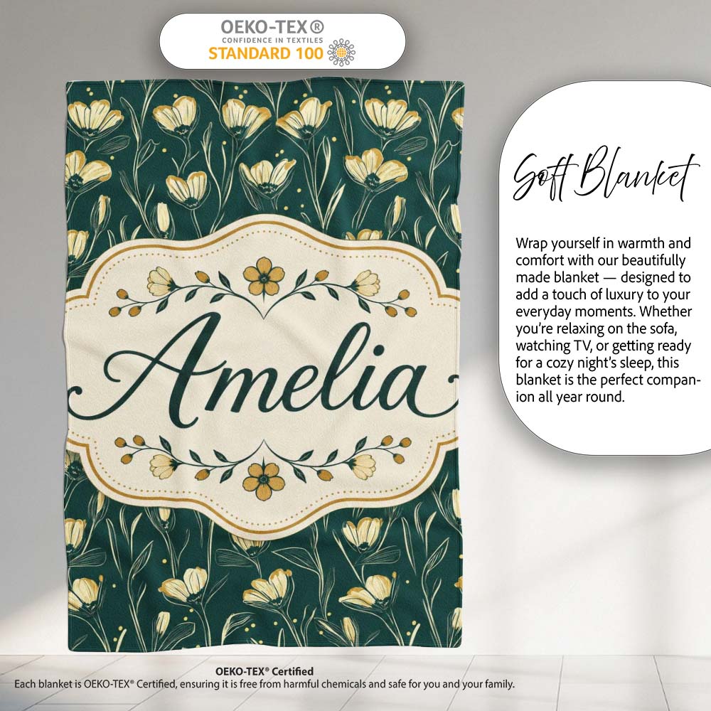 Elegant Dark Teal Floral Wildflower Pattern with Soft Yellow Lovely  Personalised Custom Name Super Soft Fleece Blanket Bed Sofa Throw