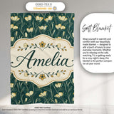 Elegant Dark Teal Floral Wildflower Pattern with Soft Yellow Lovely  Personalised Custom Name Super Soft Fleece Blanket Bed Sofa Throw