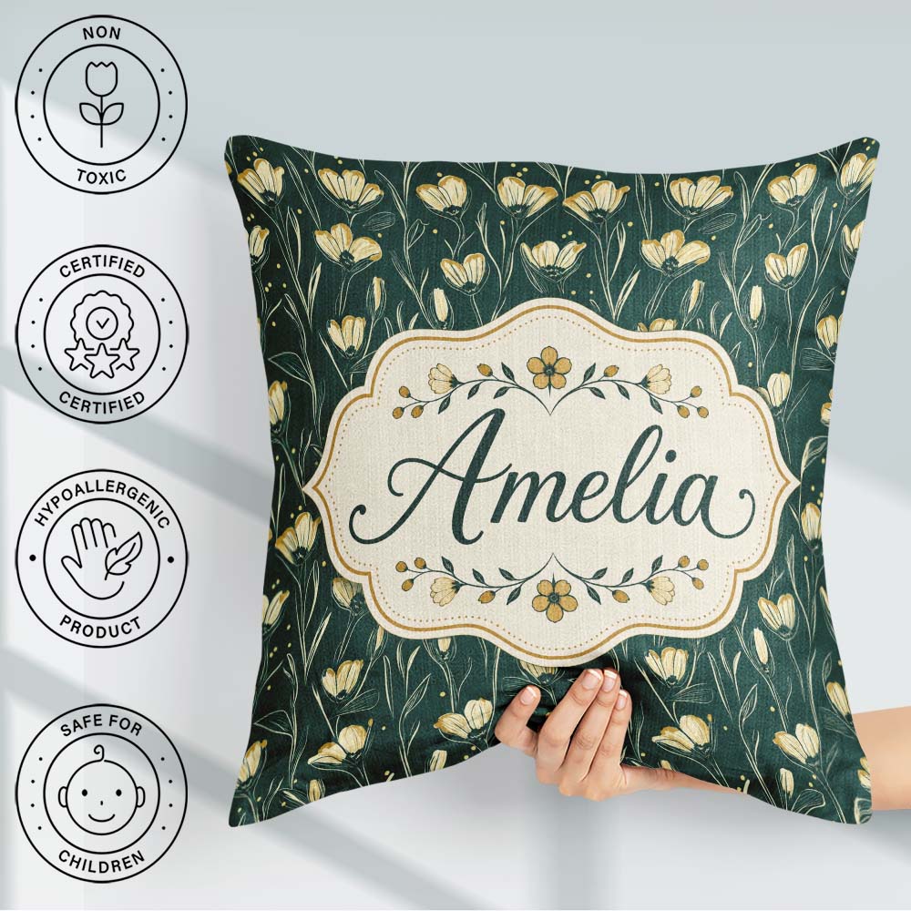 Custom Name Elegant Dark Teal Floral Wildflower with Soft Yellow Square Filled Cushion Throw Pillow Sofa Bed Home Decor Zip Washable UK Made