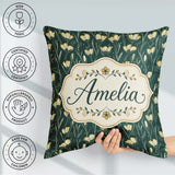Custom Name Elegant Dark Teal Floral Wildflower with Soft Yellow Square Filled Cushion Throw Pillow Sofa Bed Home Decor Zip Washable UK Made