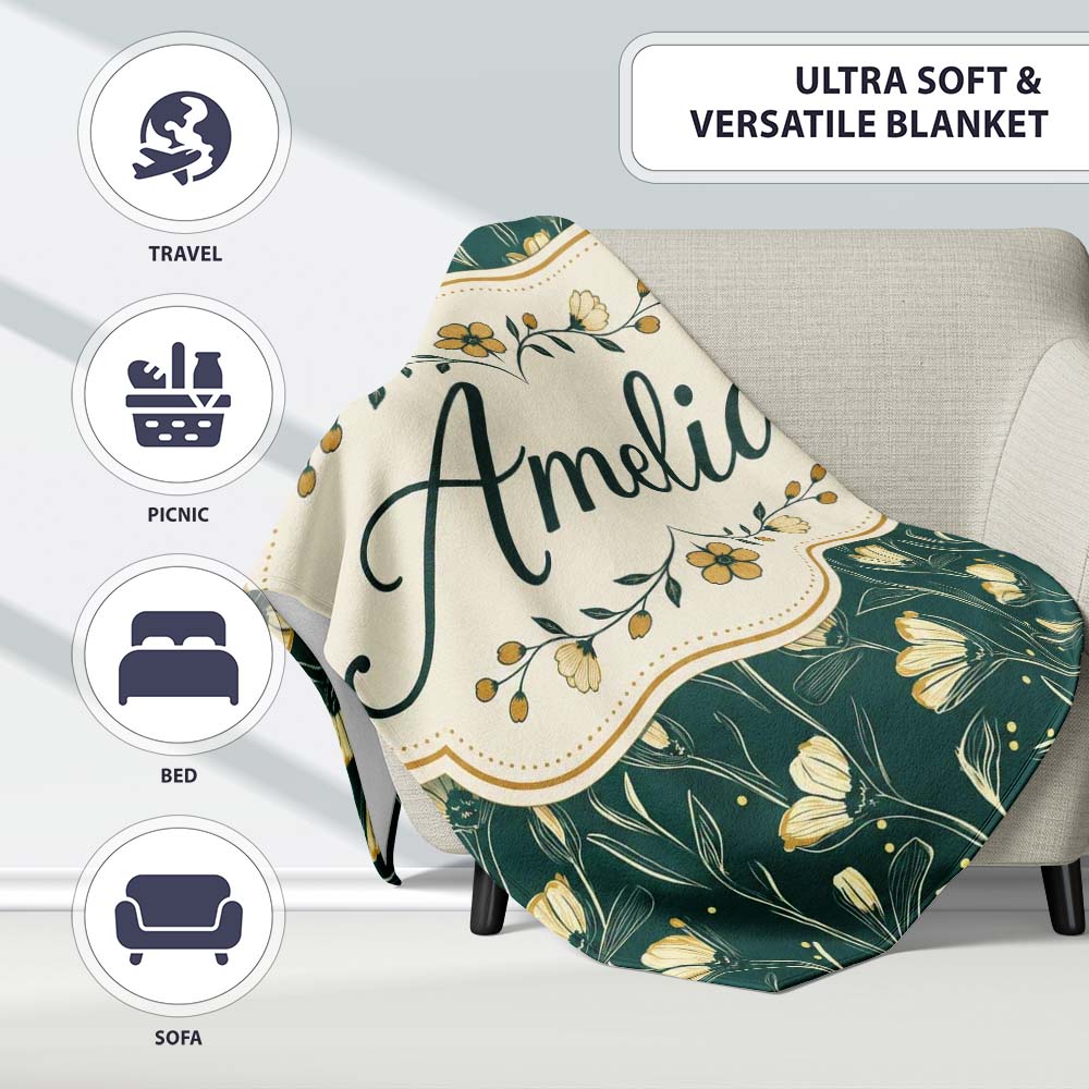Elegant Dark Teal Floral Wildflower Pattern with Soft Yellow Lovely  Personalised Custom Name Super Soft Fleece Blanket Bed Sofa Throw