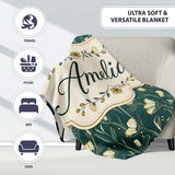 Elegant Dark Teal Floral Wildflower Pattern with Soft Yellow Lovely  Personalised Custom Name Super Soft Fleece Blanket Bed Sofa Throw