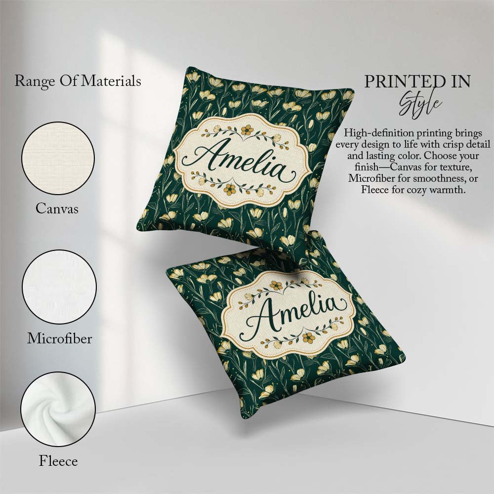 Custom Name Elegant Dark Teal Floral Wildflower with Soft Yellow Square Filled Cushion Throw Pillow Sofa Bed Home Decor Zip Washable UK Made