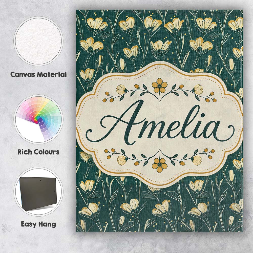 Personalised Name Elegant Dark Teal Floral Custom  Bespoke Contemporary Statement Canvas Wall Art Print Decor Picture Ready to Hang