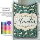 Elegant Dark Teal Floral Wildflower Pattern with Soft Yellow Lovely  Personalised Custom Name Super Soft Fleece Blanket Bed Sofa Throw