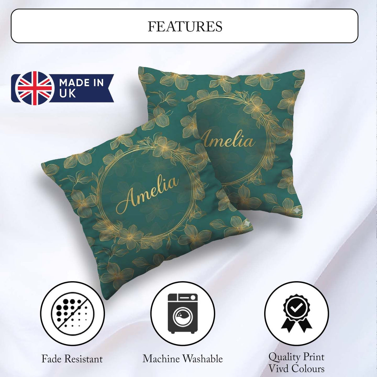 Custom Name Luxury Teal Background Gold Line Art Floral Blossoms Square Filled Cushion Throw Pillow Sofa Bed Home Decor Zip Washable UK Made