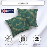 Custom Name Luxury Teal Background Gold Line Art Floral Blossoms Square Filled Cushion Throw Pillow Sofa Bed Home Decor Zip Washable UK Made