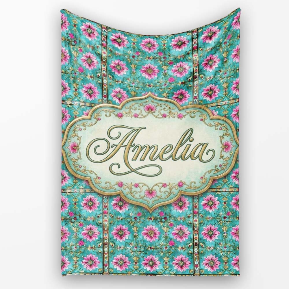Teal Pink Daisy Floral Tile Pattern Vintage Ornamental Design Lovely  Personalised Custom Name Super Soft Fleece Blanket Bed Sofa Throw