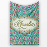 Teal Pink Daisy Floral Tile Pattern Vintage Ornamental Design Lovely  Personalised Custom Name Super Soft Fleece Blanket Bed Sofa Throw