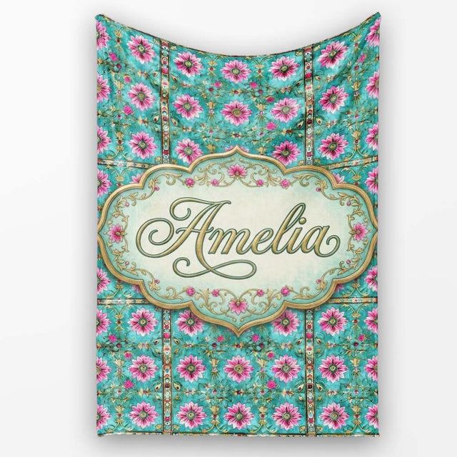 Teal Pink Daisy Floral Tile Pattern Vintage Ornamental Design Lovely  Personalised Custom Name Super Soft Fleece Blanket Bed Sofa Throw