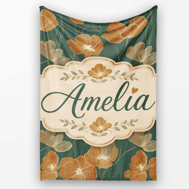 Rustic Autumn Floral Pattern with Warm and Deep Green Seamless  Personalised Custom Name Super Soft Fleece Blanket Bed Sofa Throw