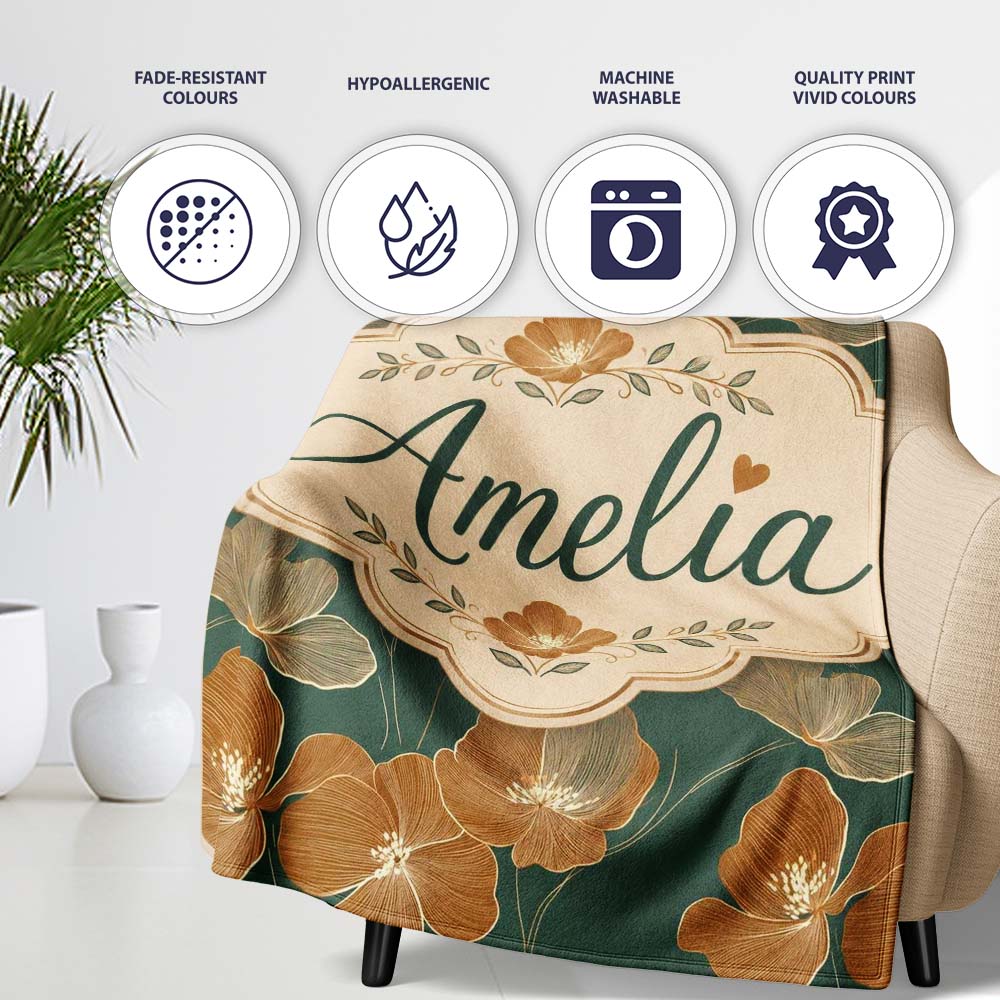 Rustic Autumn Floral Pattern with Warm and Deep Green Seamless  Personalised Custom Name Super Soft Fleece Blanket Bed Sofa Throw