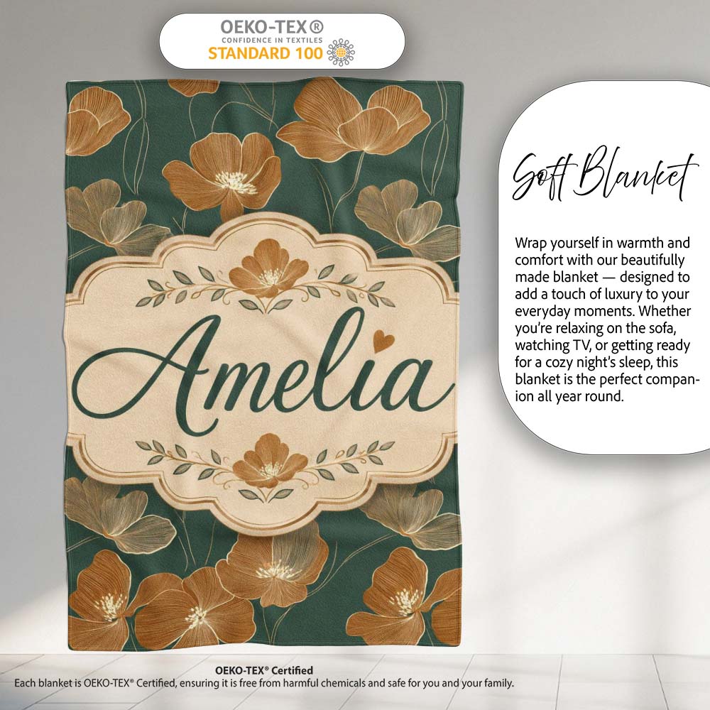 Rustic Autumn Floral Pattern with Warm and Deep Green Seamless  Personalised Custom Name Super Soft Fleece Blanket Bed Sofa Throw