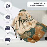 Rustic Autumn Floral Pattern with Warm and Deep Green Seamless  Personalised Custom Name Super Soft Fleece Blanket Bed Sofa Throw