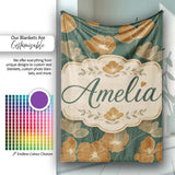 Rustic Autumn Floral Pattern with Warm and Deep Green Seamless  Personalised Custom Name Super Soft Fleece Blanket Bed Sofa Throw