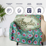 Teal Pink Daisy Floral Tile Pattern Vintage Ornamental Design Lovely  Personalised Custom Name Super Soft Fleece Blanket Bed Sofa Throw