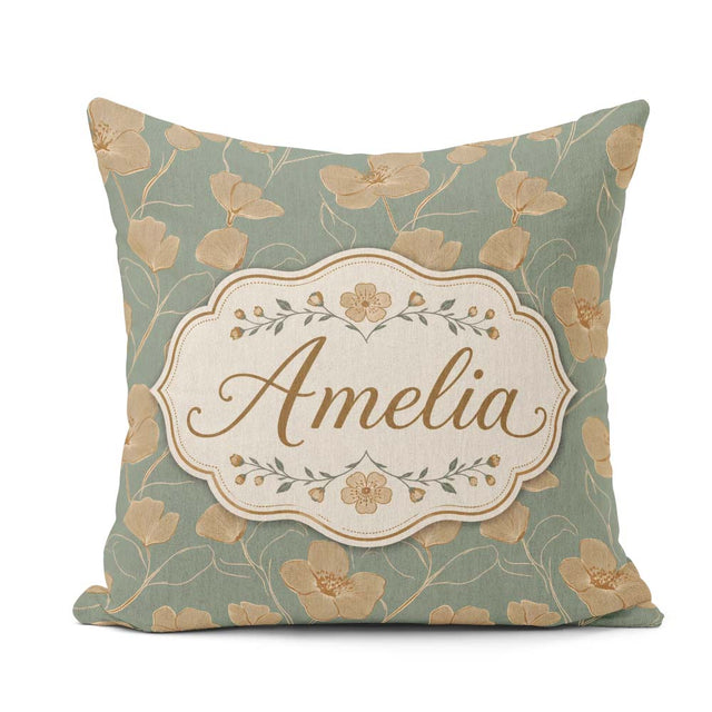 Custom Name Soft Sage Green Botanical Floral with Delicate Beige Square Filled Cushion Throw Pillow Sofa Bed Home Decor Zip Washable UK Made