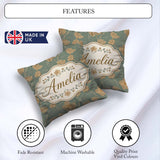 Custom Name Soft Sage Green Botanical Floral with Delicate Beige Square Filled Cushion Throw Pillow Sofa Bed Home Decor Zip Washable UK Made