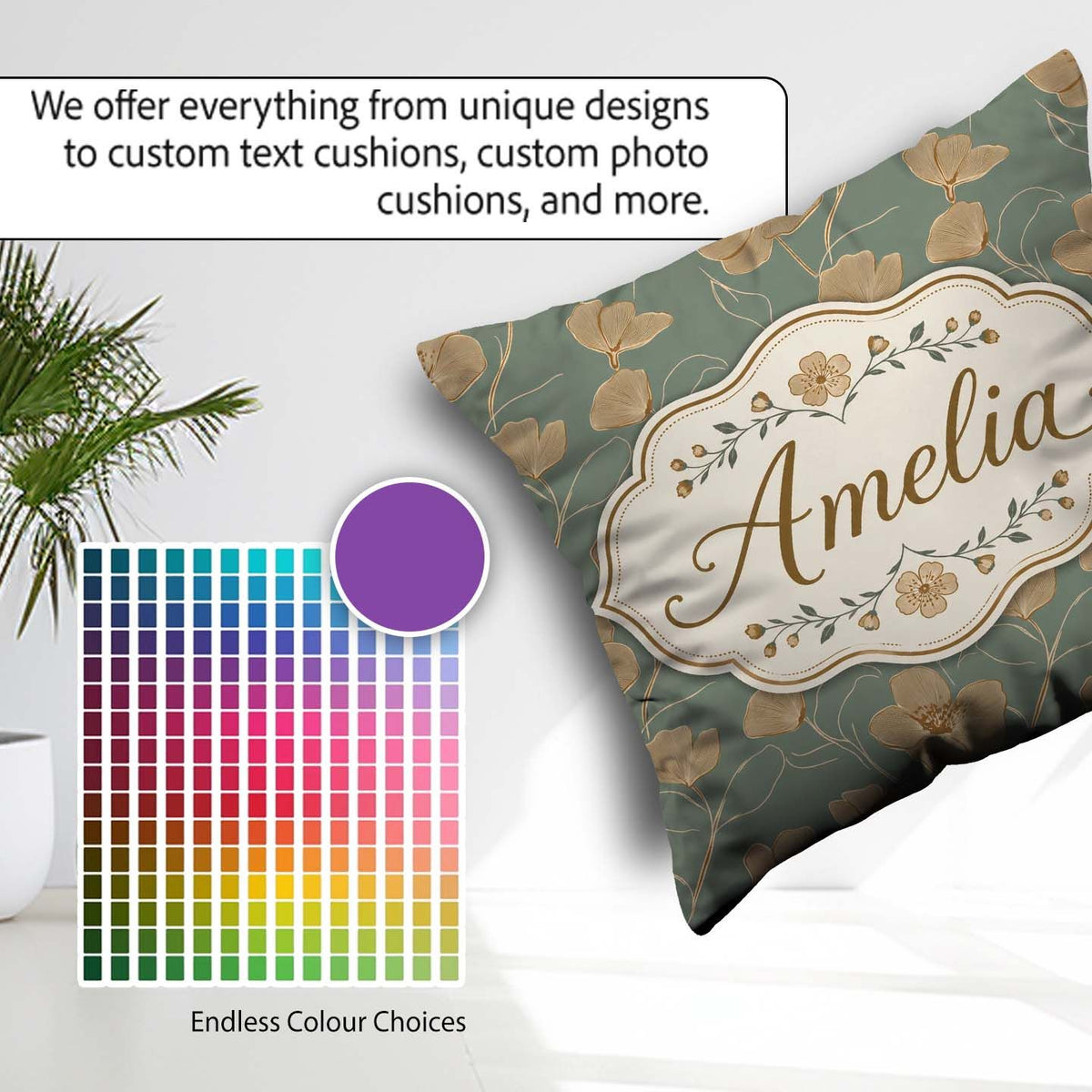 Custom Name Soft Sage Green Botanical Floral with Delicate Beige Square Filled Cushion Throw Pillow Sofa Bed Home Decor Zip Washable UK Made