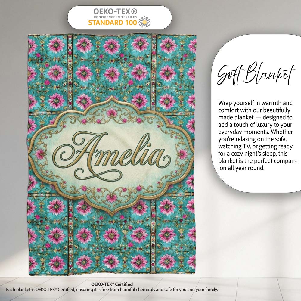 Teal Pink Daisy Floral Tile Pattern Vintage Ornamental Design Lovely  Personalised Custom Name Super Soft Fleece Blanket Bed Sofa Throw