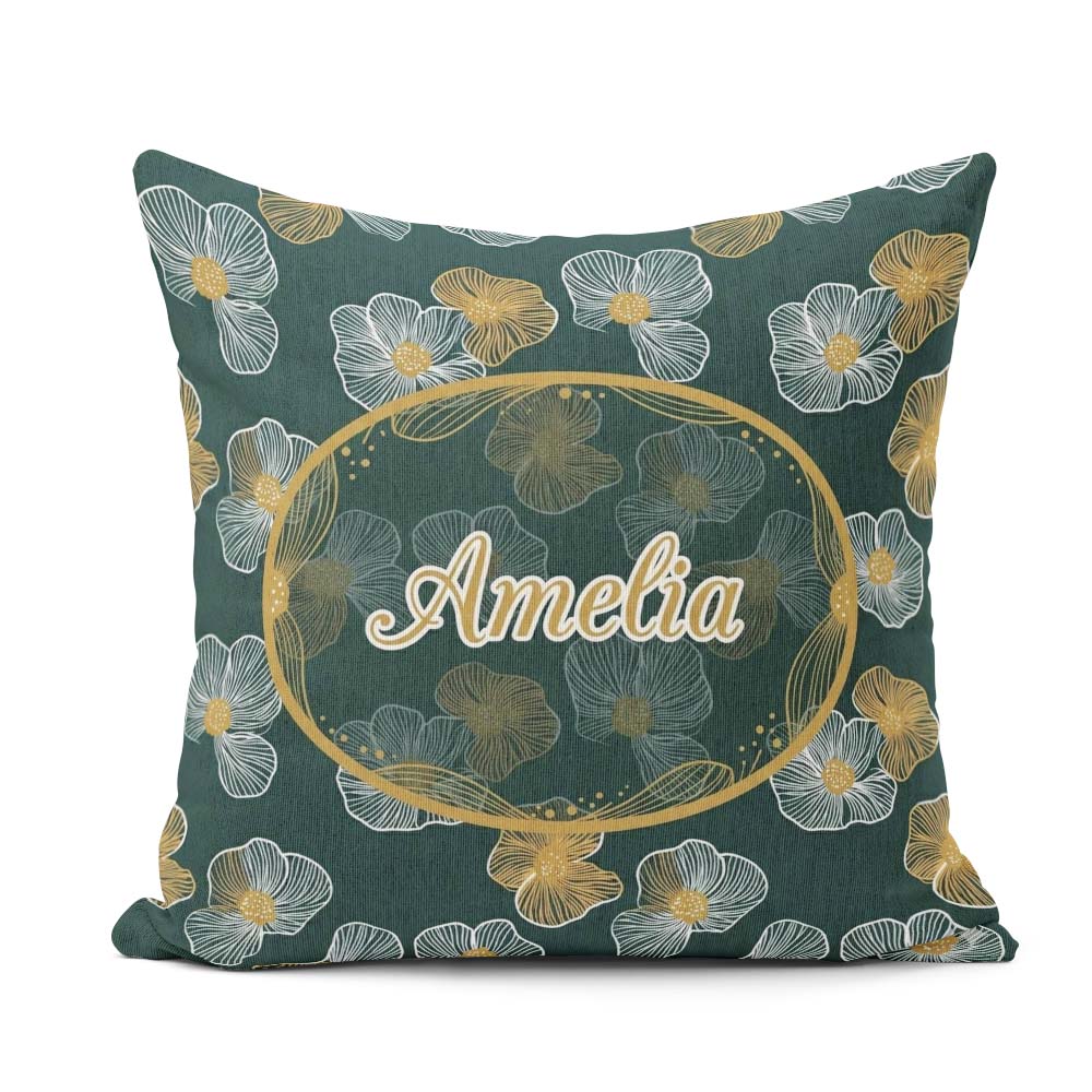 Custom Name Modern Teal Floral Pattern with and Mustard Blossoms Square Filled Cushion Throw Pillow Sofa Bed Home Decor Zip Washable UK Made