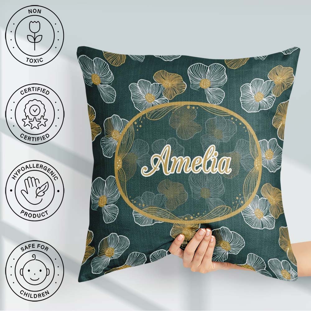 Custom Name Modern Teal Floral Pattern with and Mustard Blossoms Square Filled Cushion Throw Pillow Sofa Bed Home Decor Zip Washable UK Made