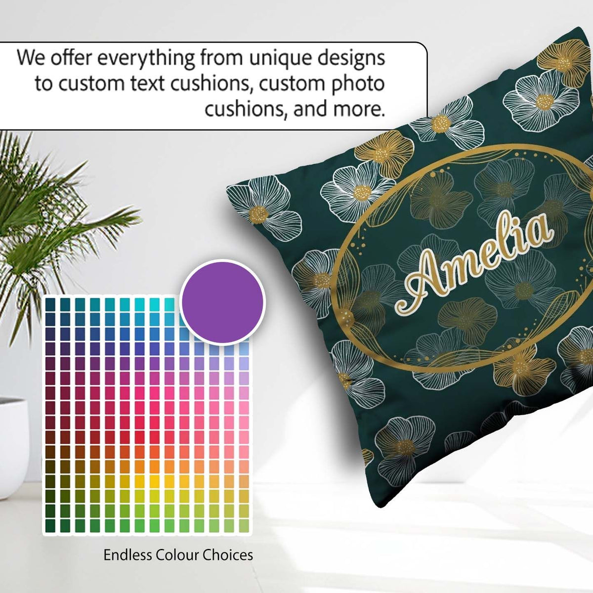 Custom Name Modern Teal Floral Pattern with and Mustard Blossoms Square Filled Cushion Throw Pillow Sofa Bed Home Decor Zip Washable UK Made