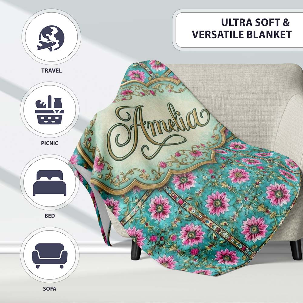 Teal Pink Daisy Floral Tile Pattern Vintage Ornamental Design Lovely  Personalised Custom Name Super Soft Fleece Blanket Bed Sofa Throw