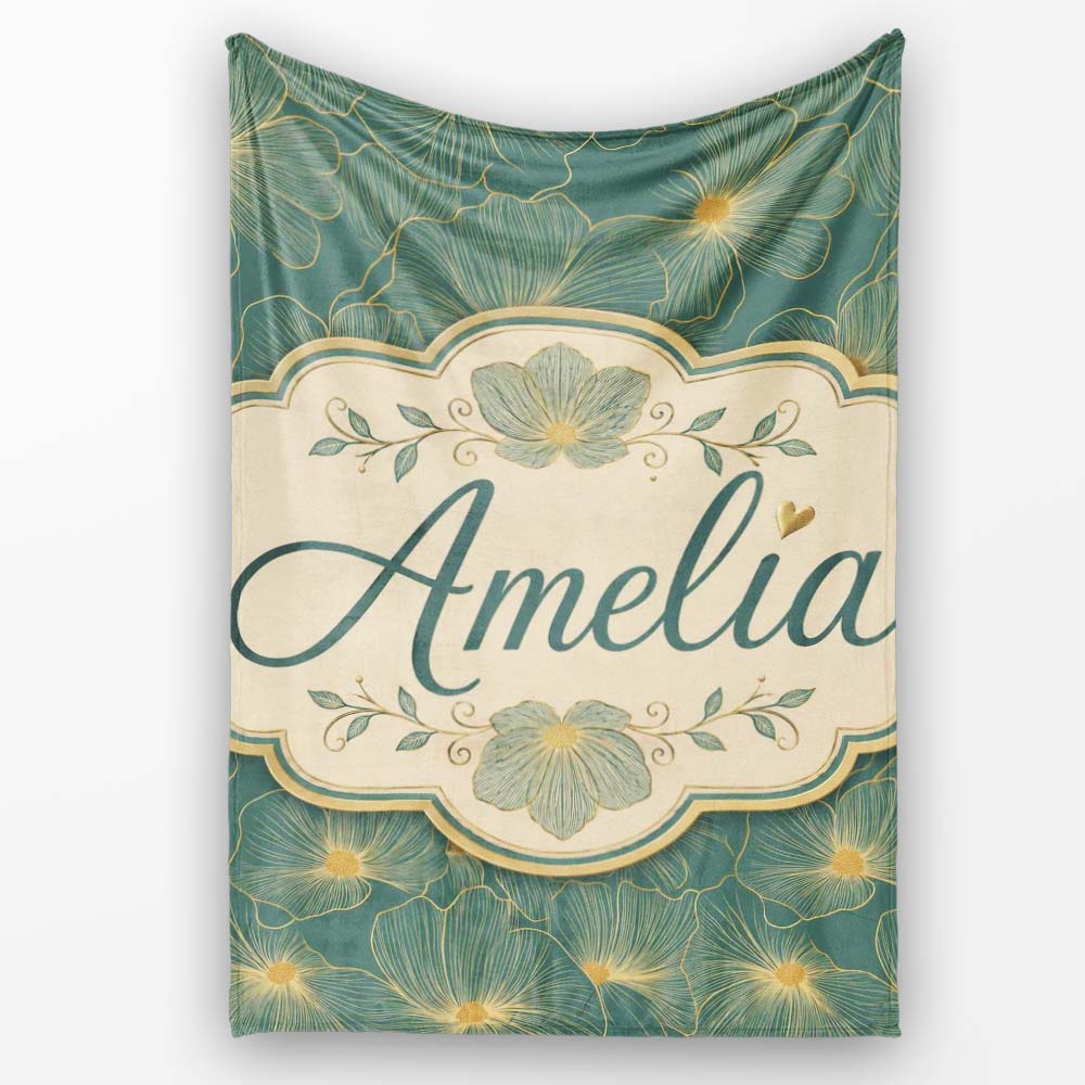 Artistic Teal Floral Outline Pattern with Large Gold Detailed Lovely  Personalised Custom Name Super Soft Fleece Blanket Bed Sofa Throw