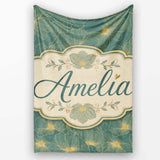 Artistic Teal Floral Outline Pattern with Large Gold Detailed Lovely  Personalised Custom Name Super Soft Fleece Blanket Bed Sofa Throw